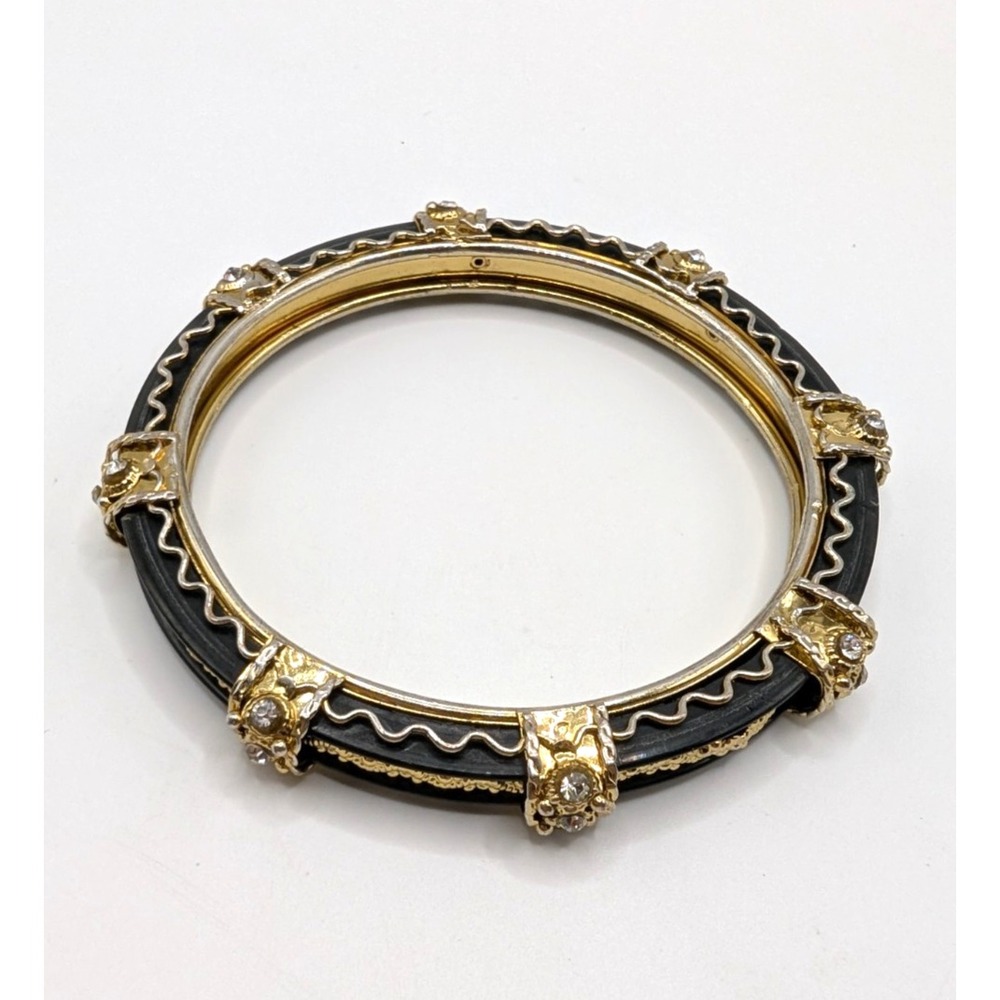 Vintage Black Lucite Gold Tone Riveted Bangle Bracelet Rhinestone Accents